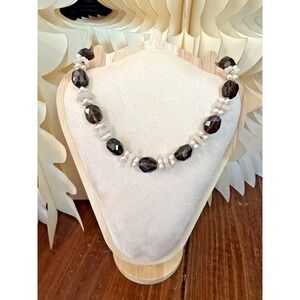 Vintage Sterling Silver Smoky Quartz & Rose Quartz Pearl Necklace 19.5"